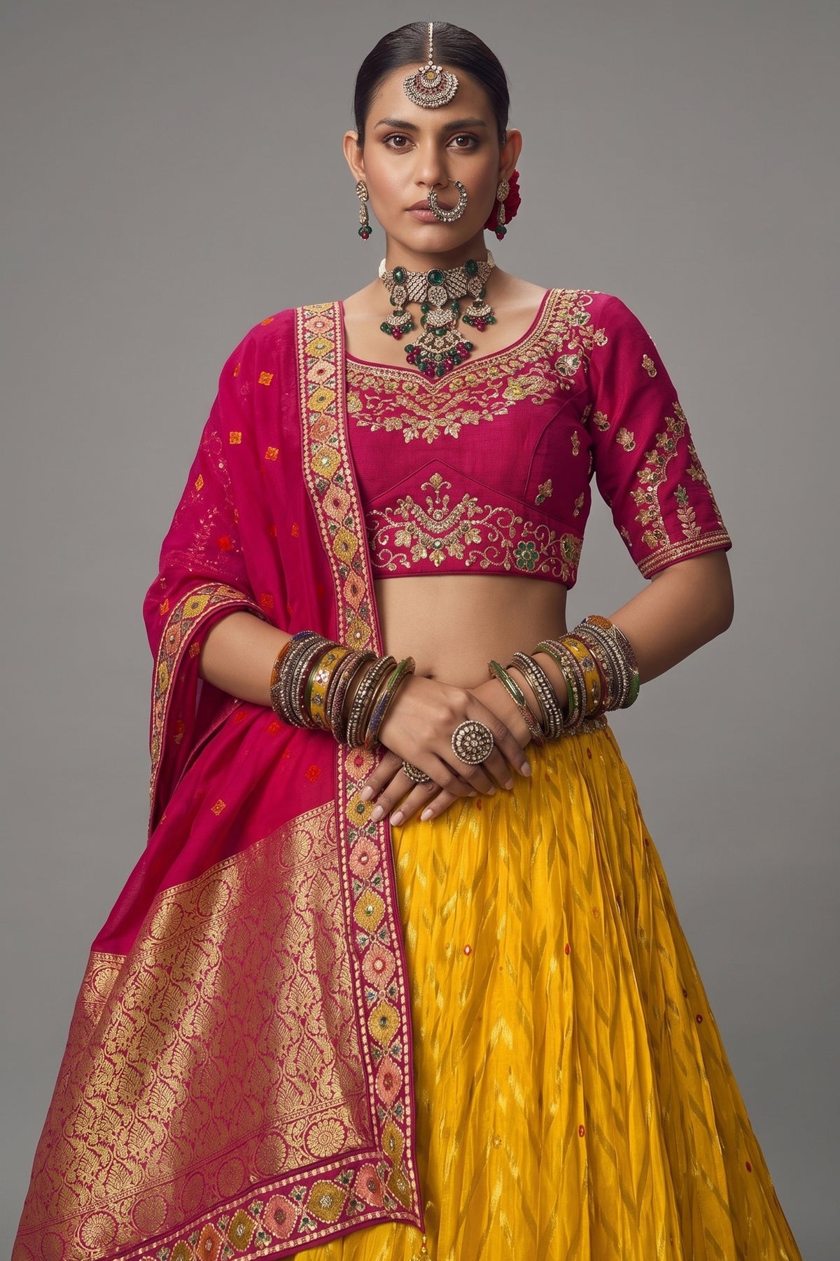 Mustard Woven Chevron Design Lehenga in Viscose with Elephant Motifs On Contrast Border - mustard viscose saree