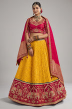 Mustard Woven Chevron Design Lehenga in Viscose with Elephant Motifs On Contrast Border