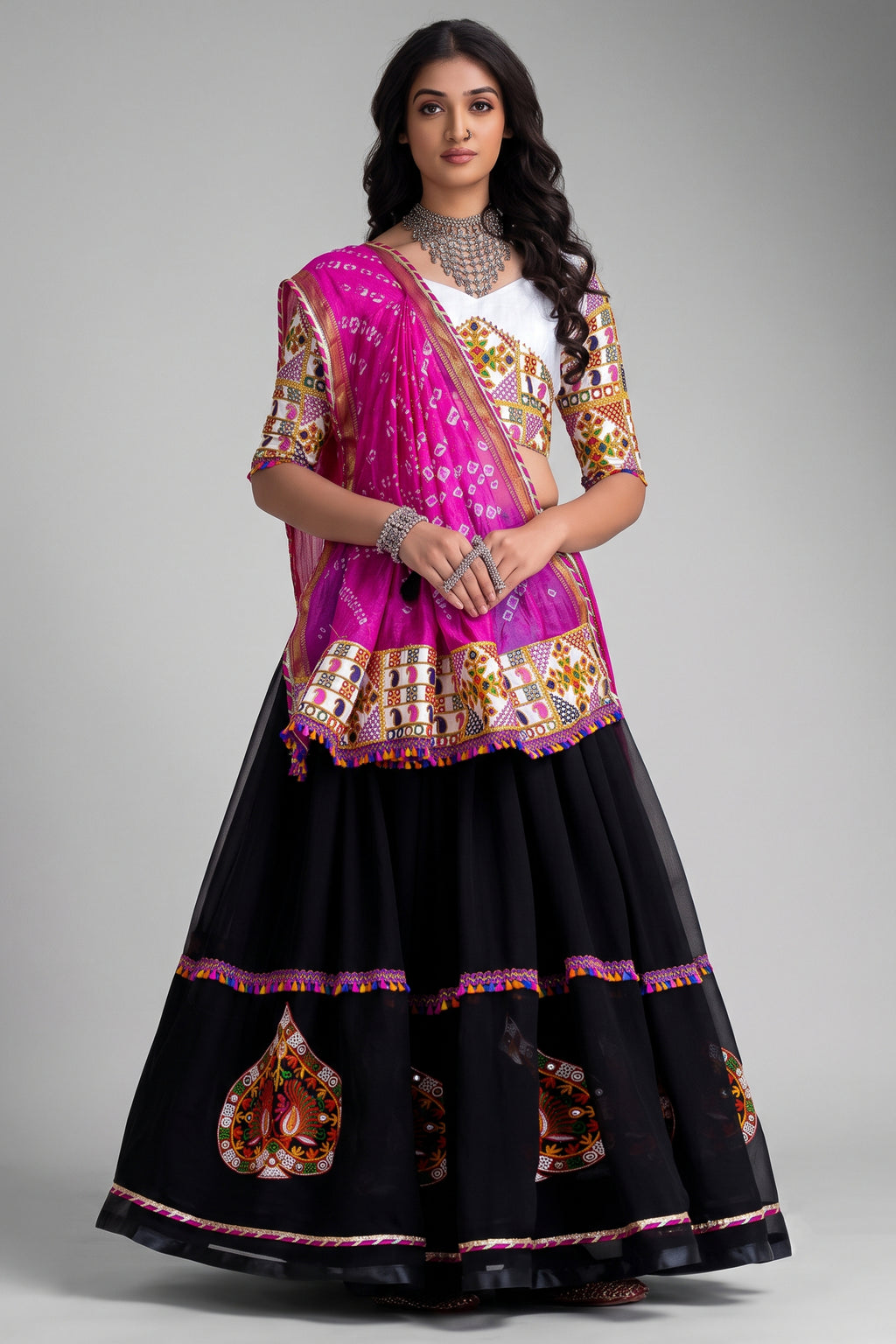 Black Georgette Thread Embroidered Patch Work Chaniya Choli