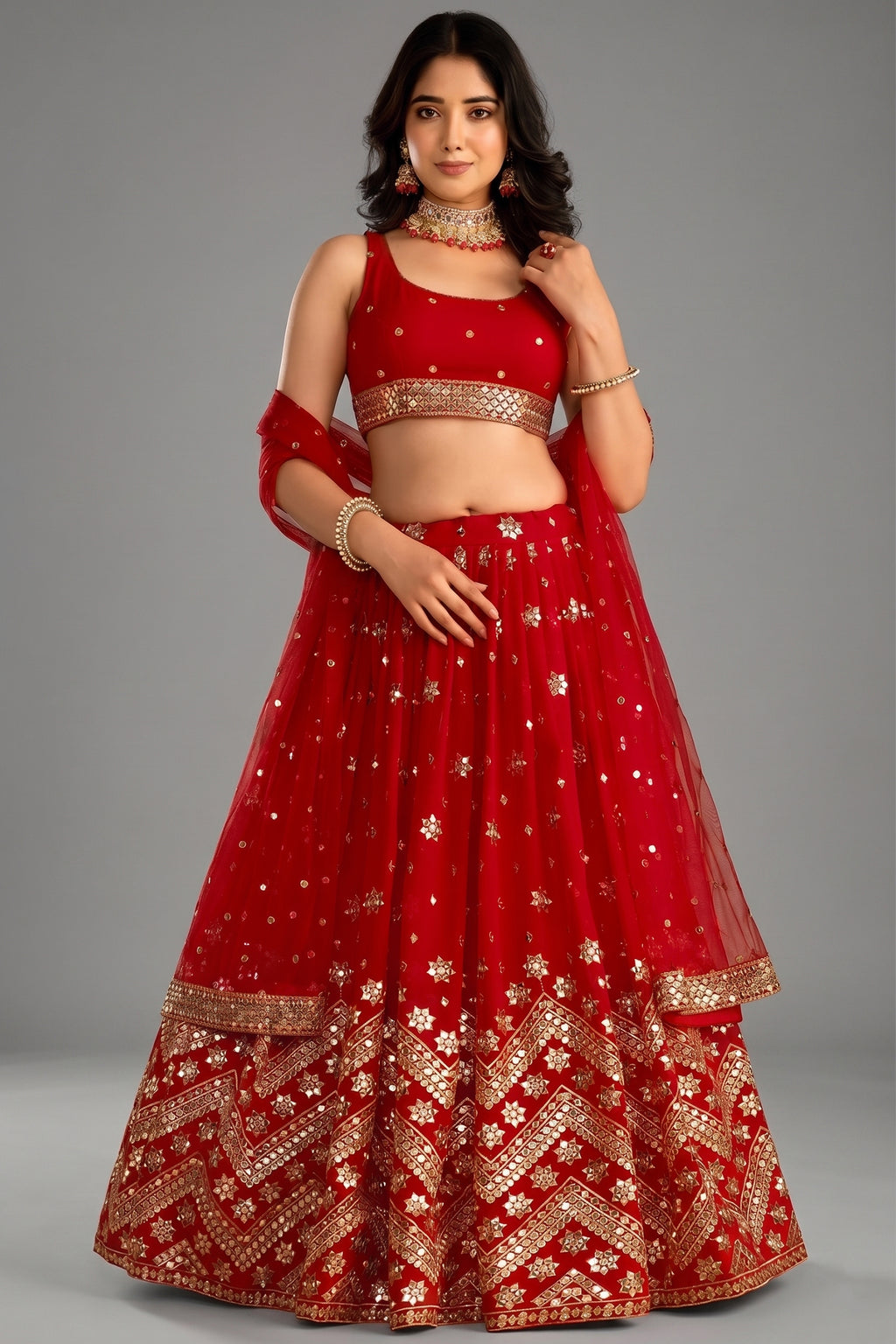 Red Georgette Lehenga with Chevron Sequin Border - red georgette saree