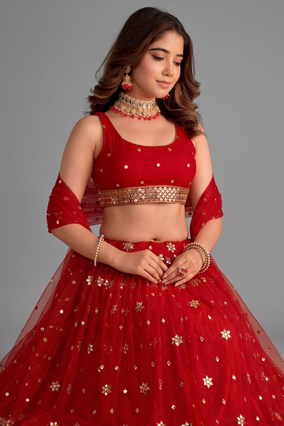 Red Georgette Lehenga with Chevron Sequin Border - red georgette saree