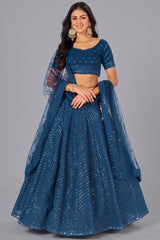 Rama Blue Georgette Sequin Embroidered Lehenga - red georgette saree embroidered