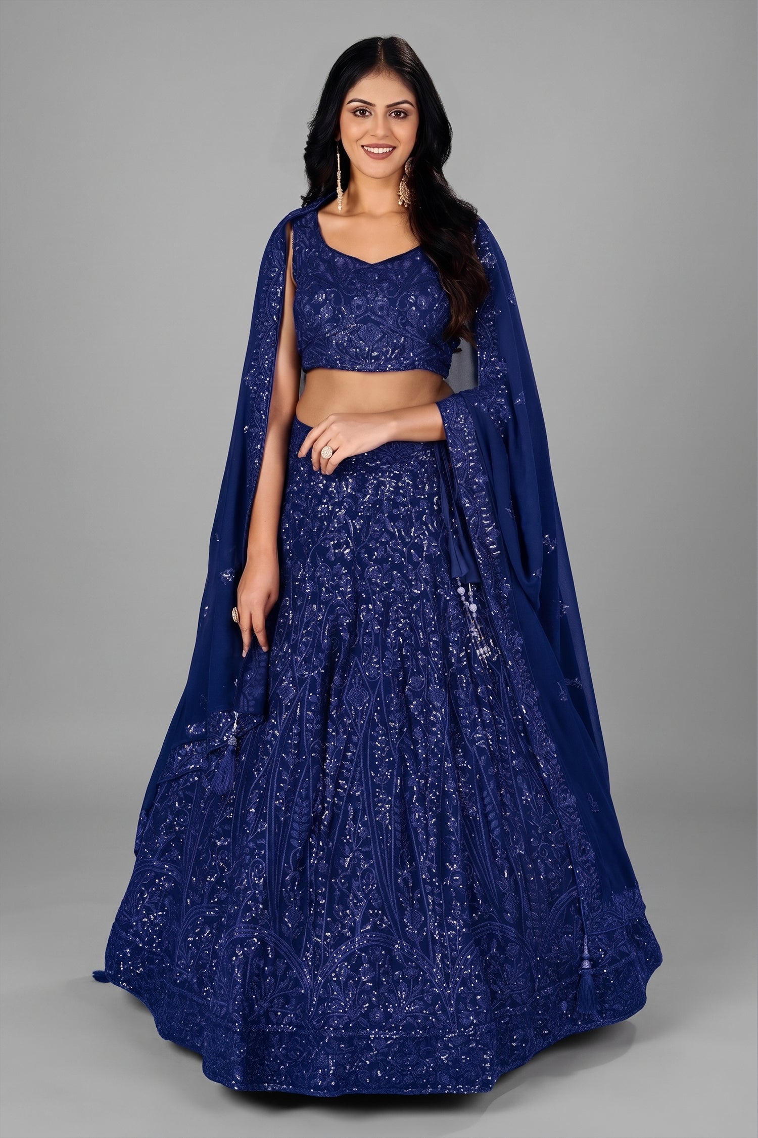 Blue Georgette Sequinned Lehenga - blue georgette saree