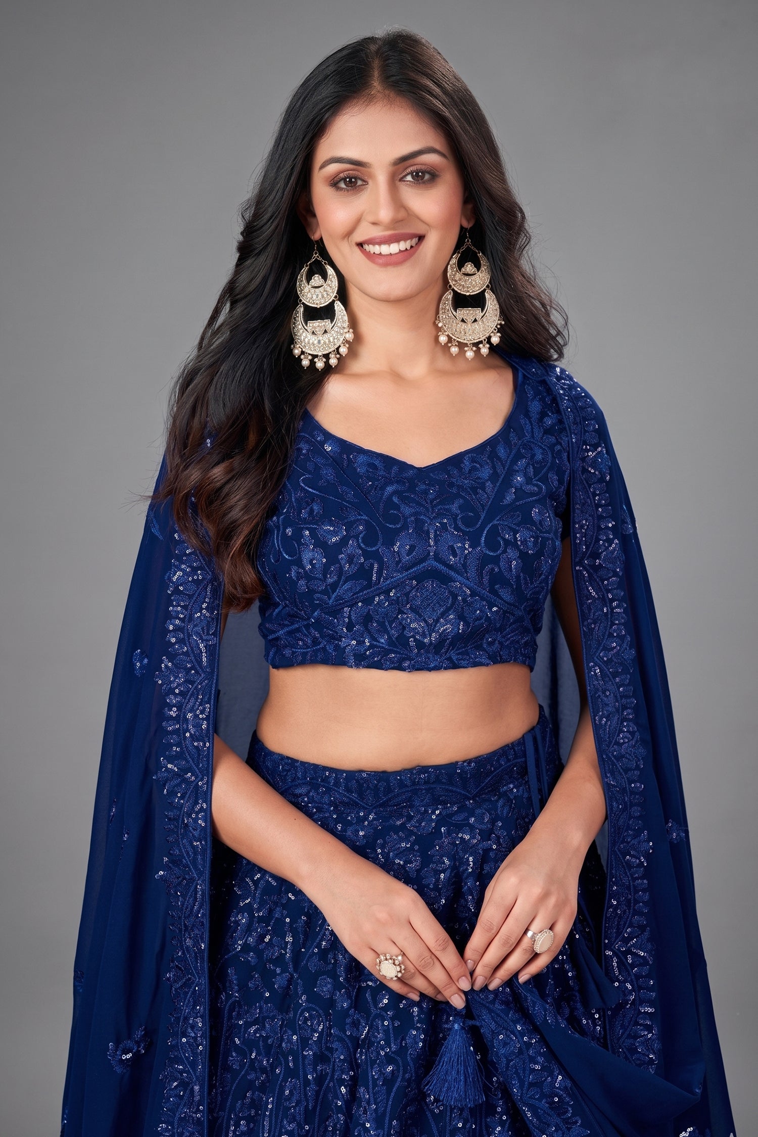 Blue Georgette Sequinned Lehenga - blue georgette saree