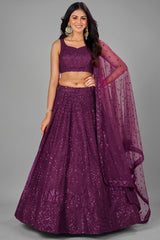 Wine Net Sequinned Lehenga
