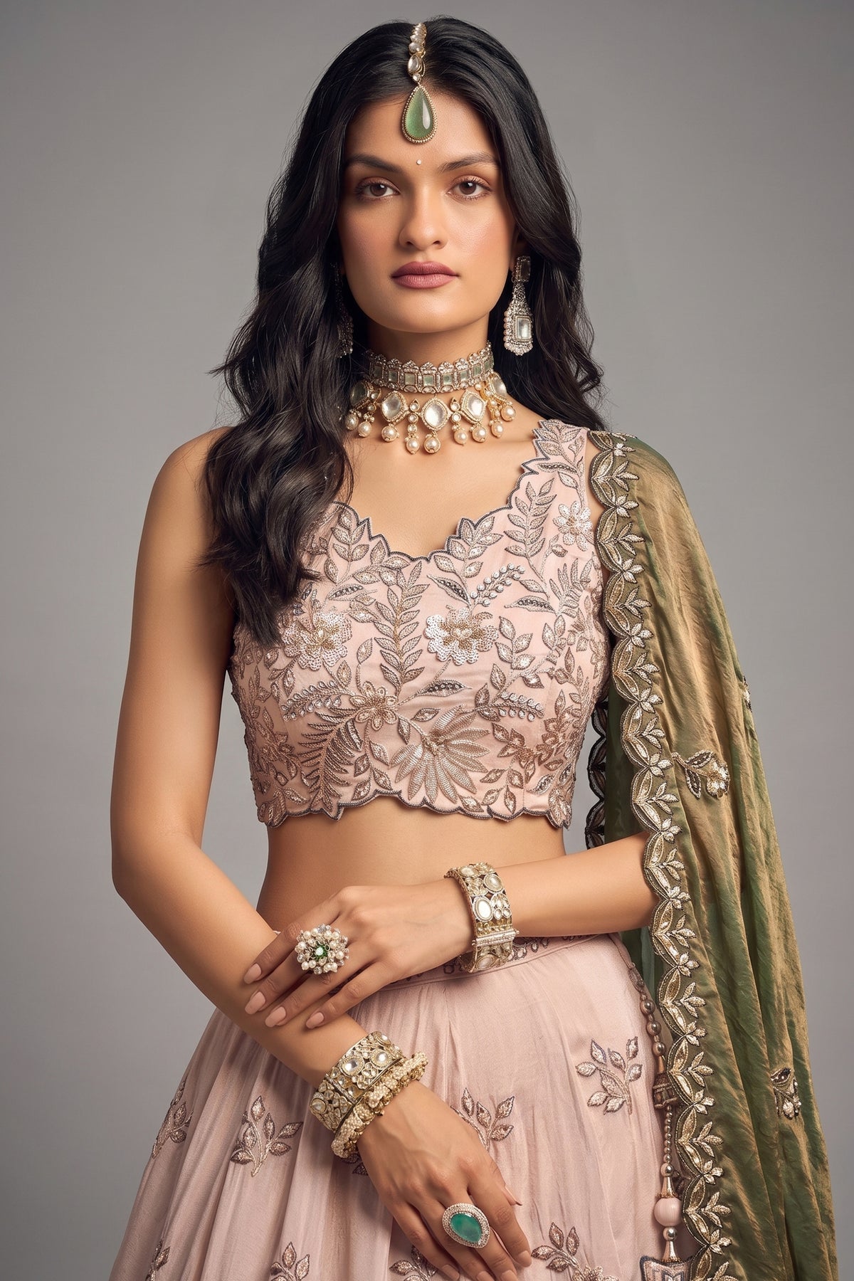 Beige Viscose Rayon Embroidered Sequin Worked Lehenga - red rayon saree embroidered