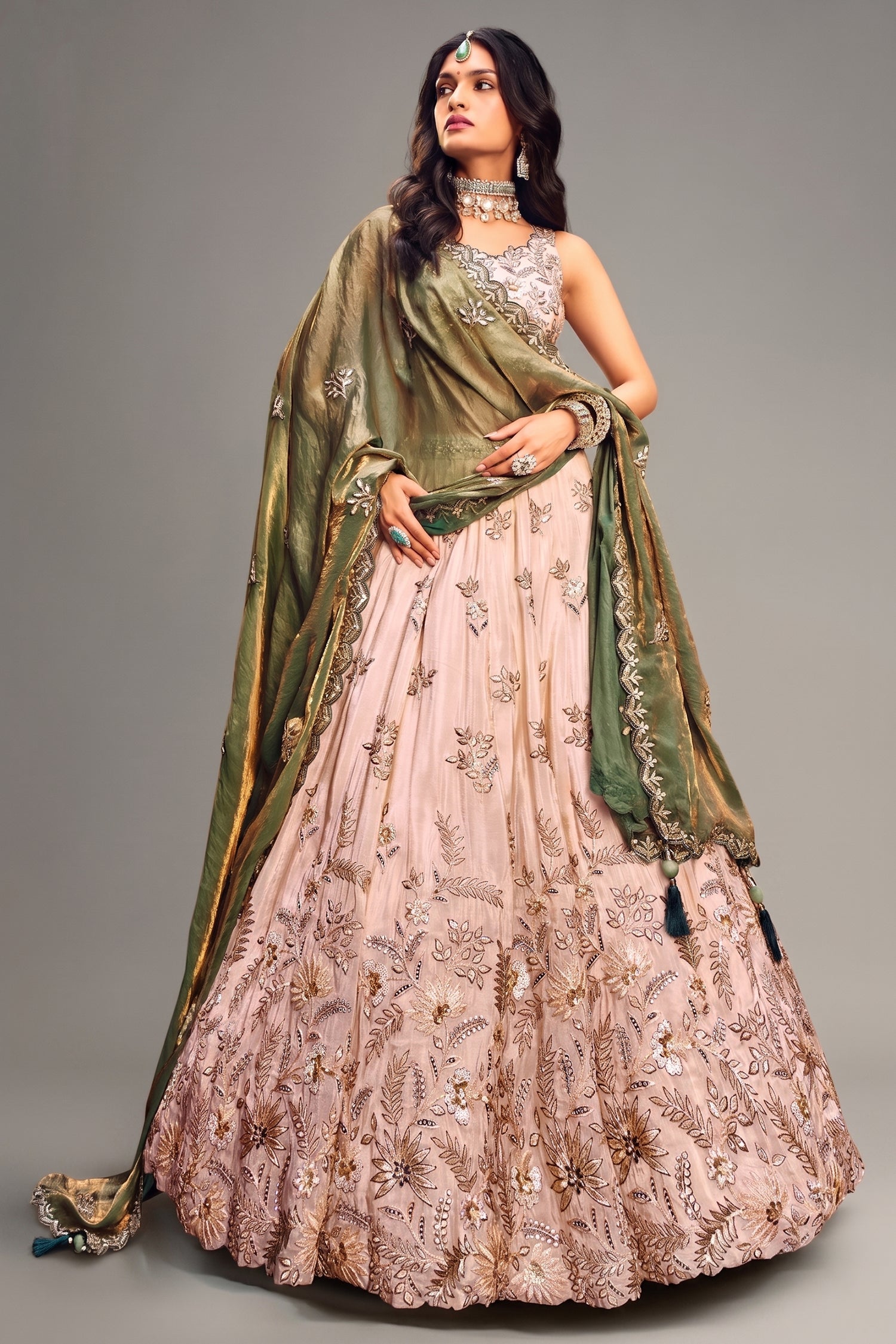 Beige Viscose Rayon Embroidered Sequin Worked Lehenga - red rayon saree embroidered