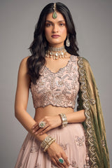 Beige Viscose Rayon Embroidered Sequin Worked Lehenga - red rayon saree embroidered