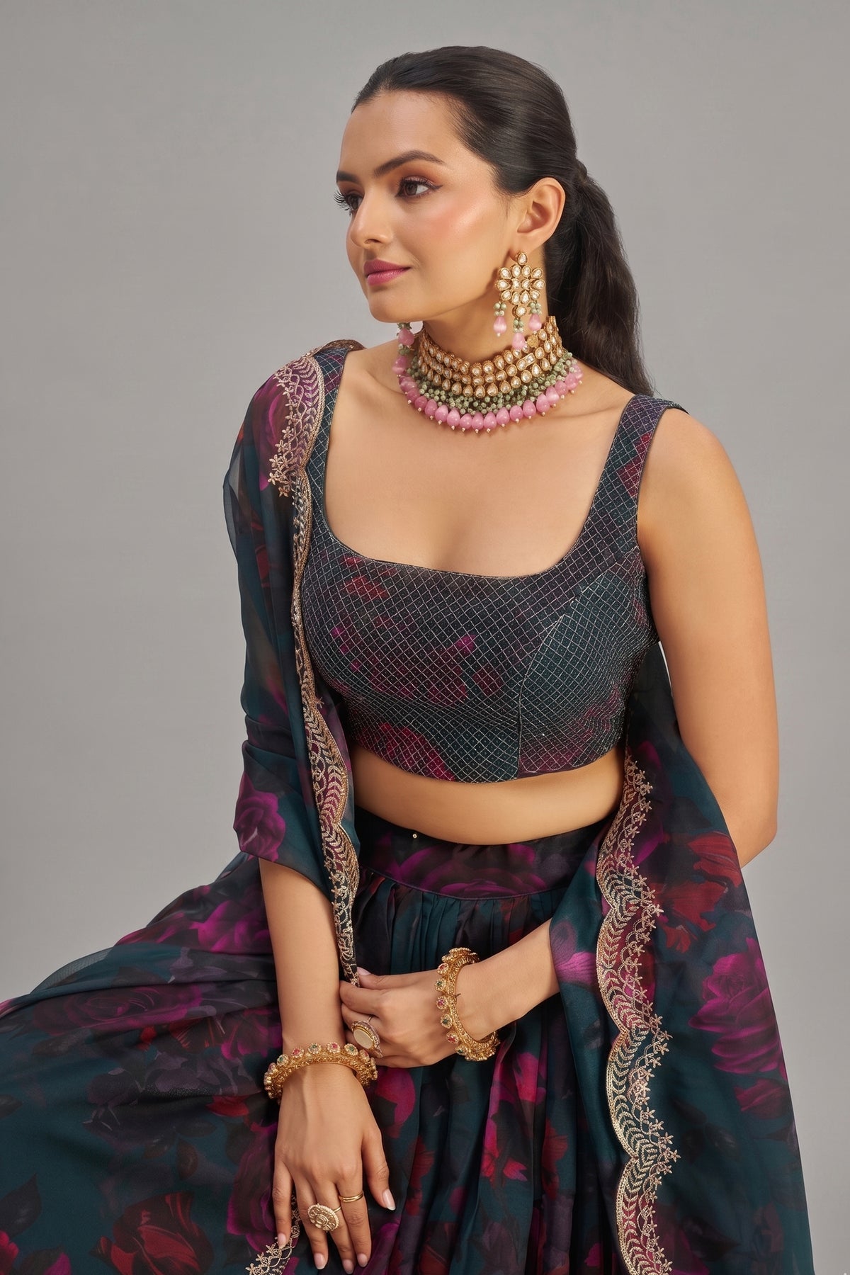 Teal Green Organza Floral Printed Lehenga with Sequins Border - green organza saree