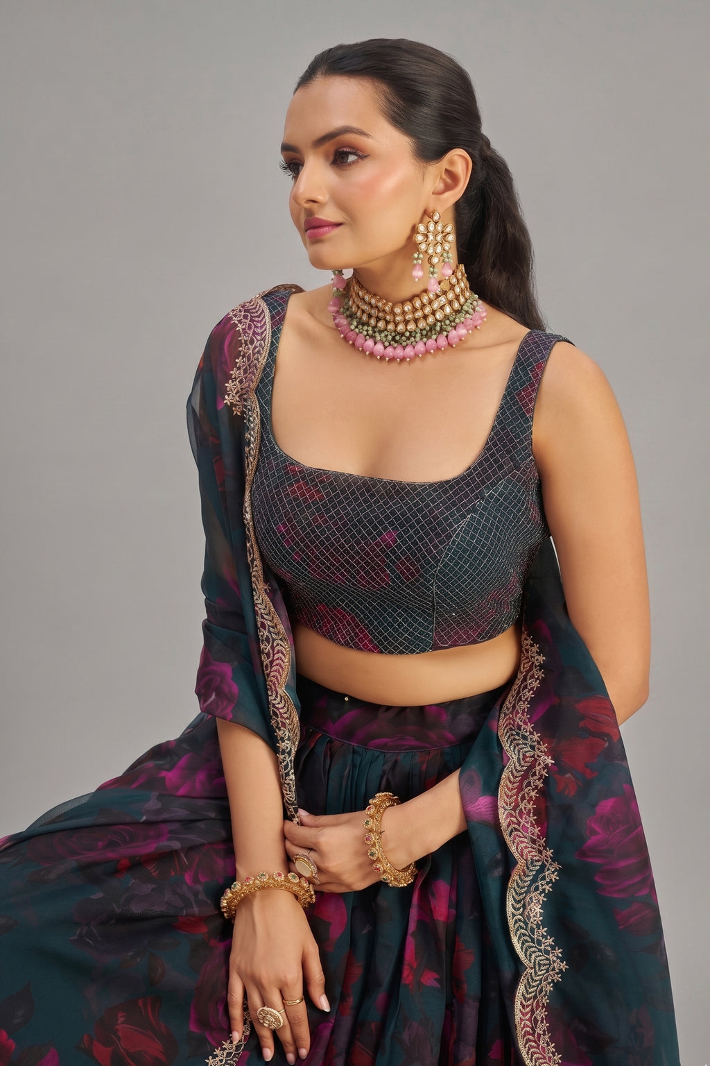 Teal Green Organza Floral Printed Lehenga with Sequins Border - green organza saree