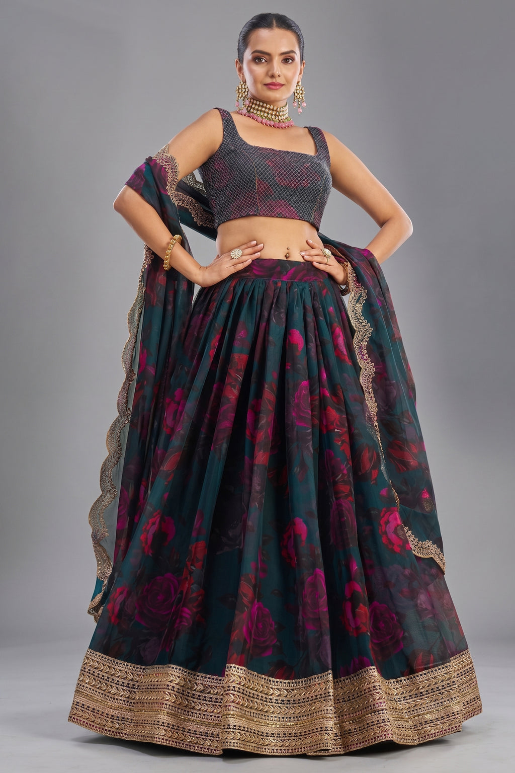 Teal Green Organza Floral Printed Lehenga with Sequins Border - green organza saree
