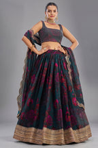 Teal Green Organza Floral Printed Lehenga with Sequins Border - green organza saree