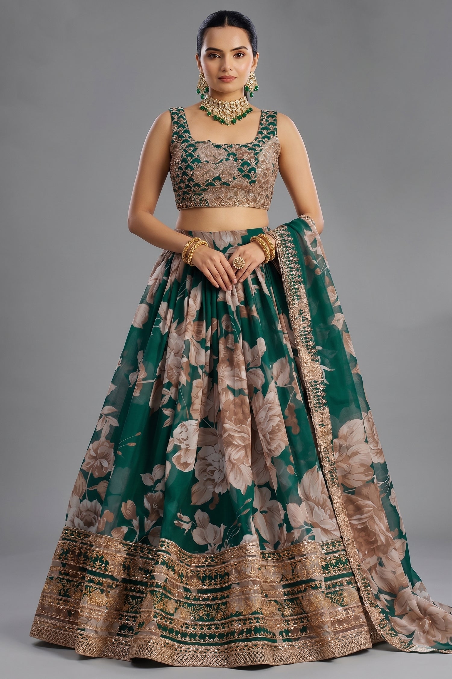 Dark Green Organza Floral Printed Lehenga with Sequins Border - green organza saree Main image