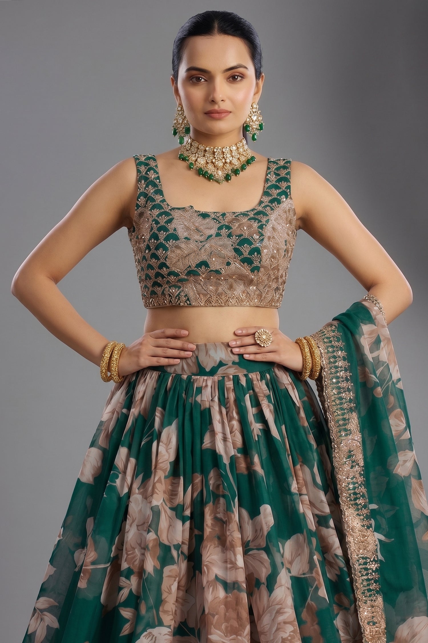 Dark Green Organza Floral Printed Lehenga with Sequins Border Secondary image