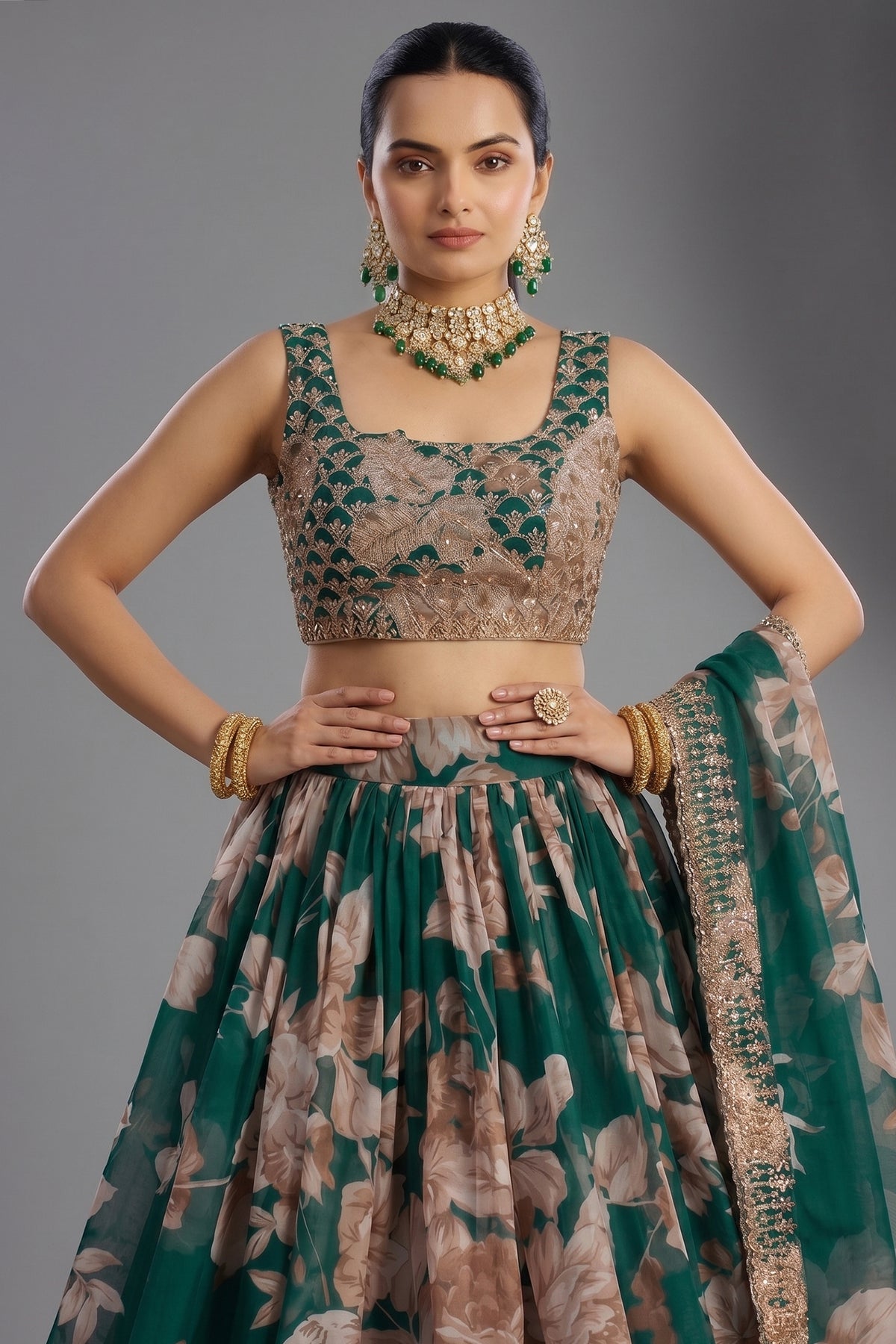 Dark Green Organza Floral Printed Lehenga with Sequins Border - green organza saree