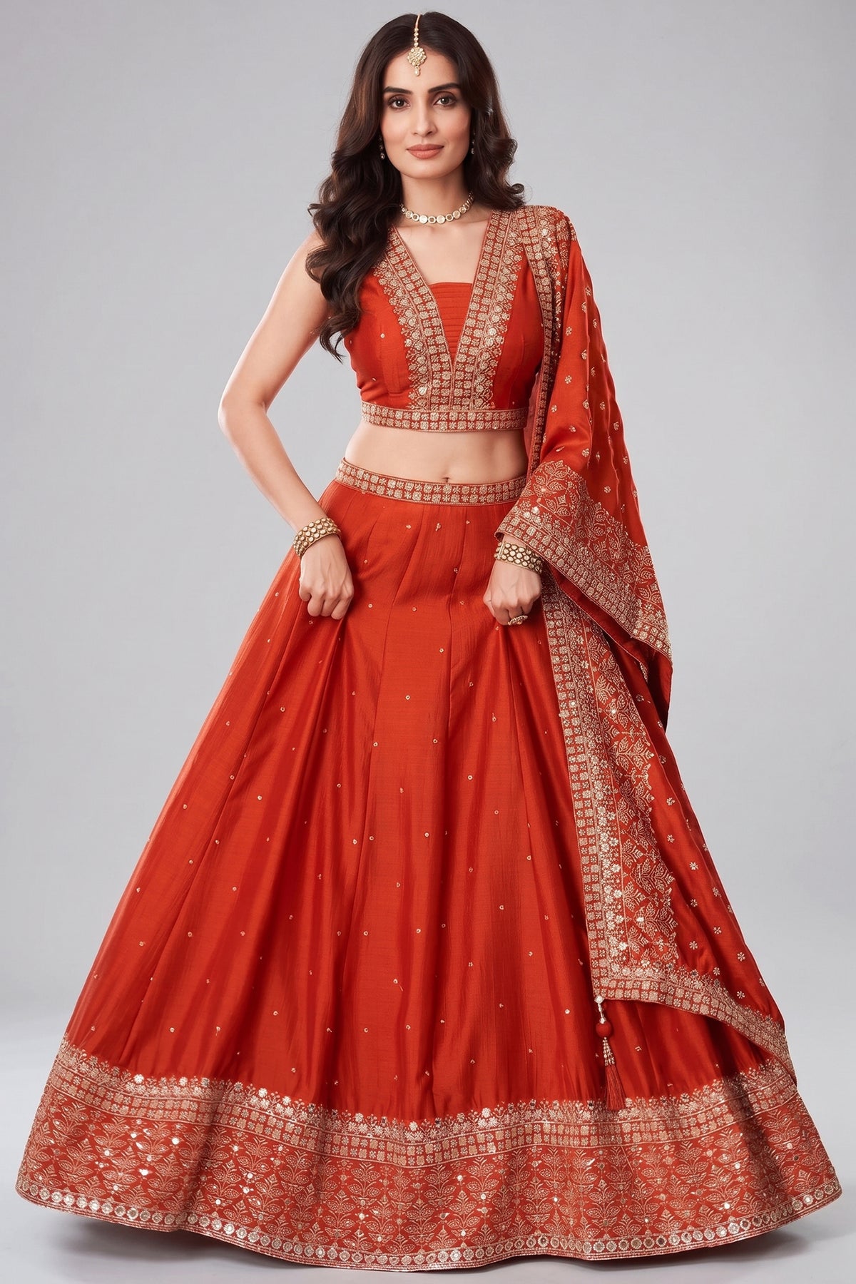 Orange Silk Sequin Embroidered Lehenga Main image