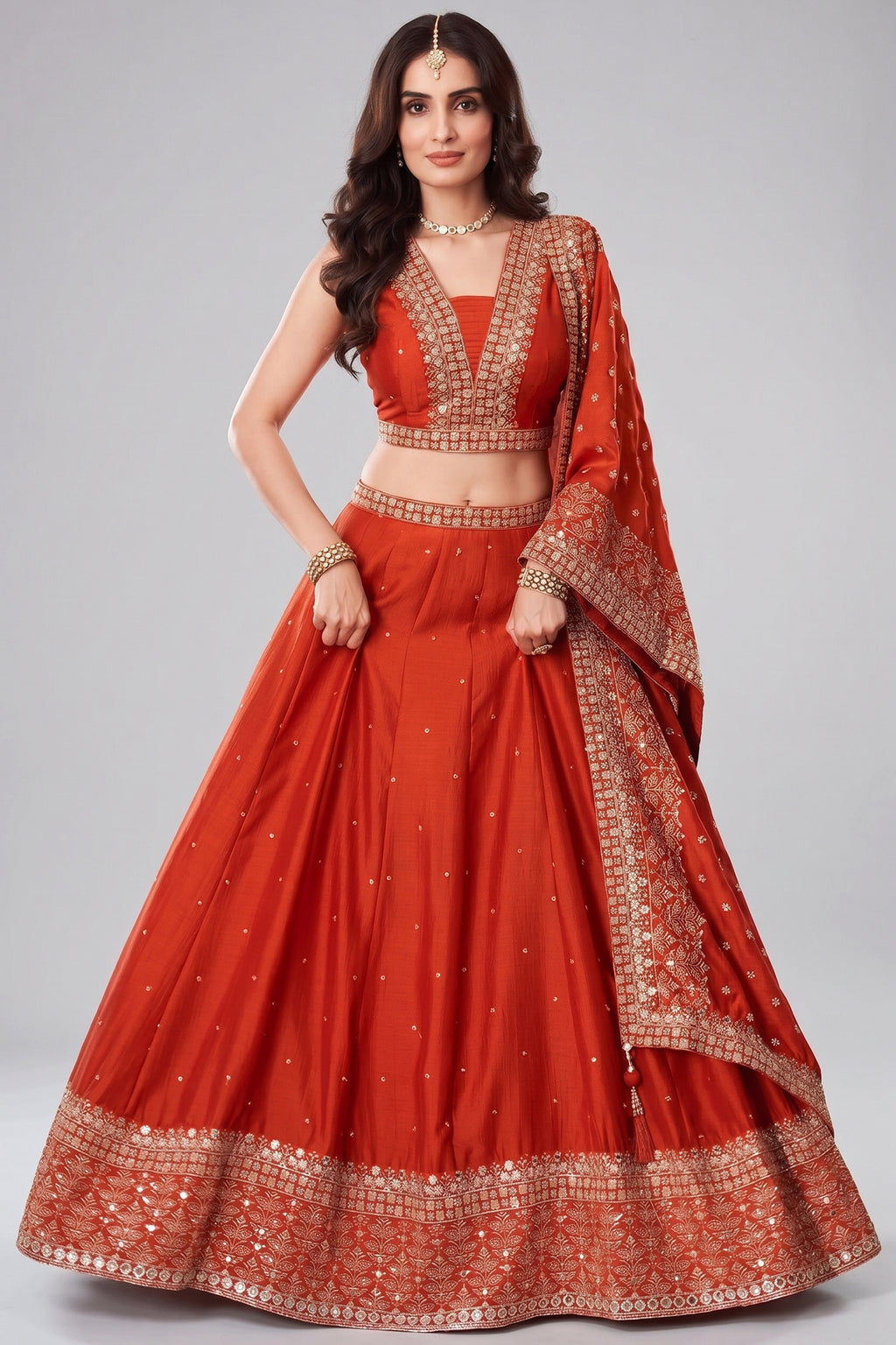 Orange Silk Sequin Embroidered Lehenga