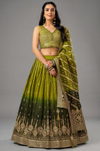 Green Ombre Chinon Sequin Embroidered Pleated Lehenga - red saree embroidered