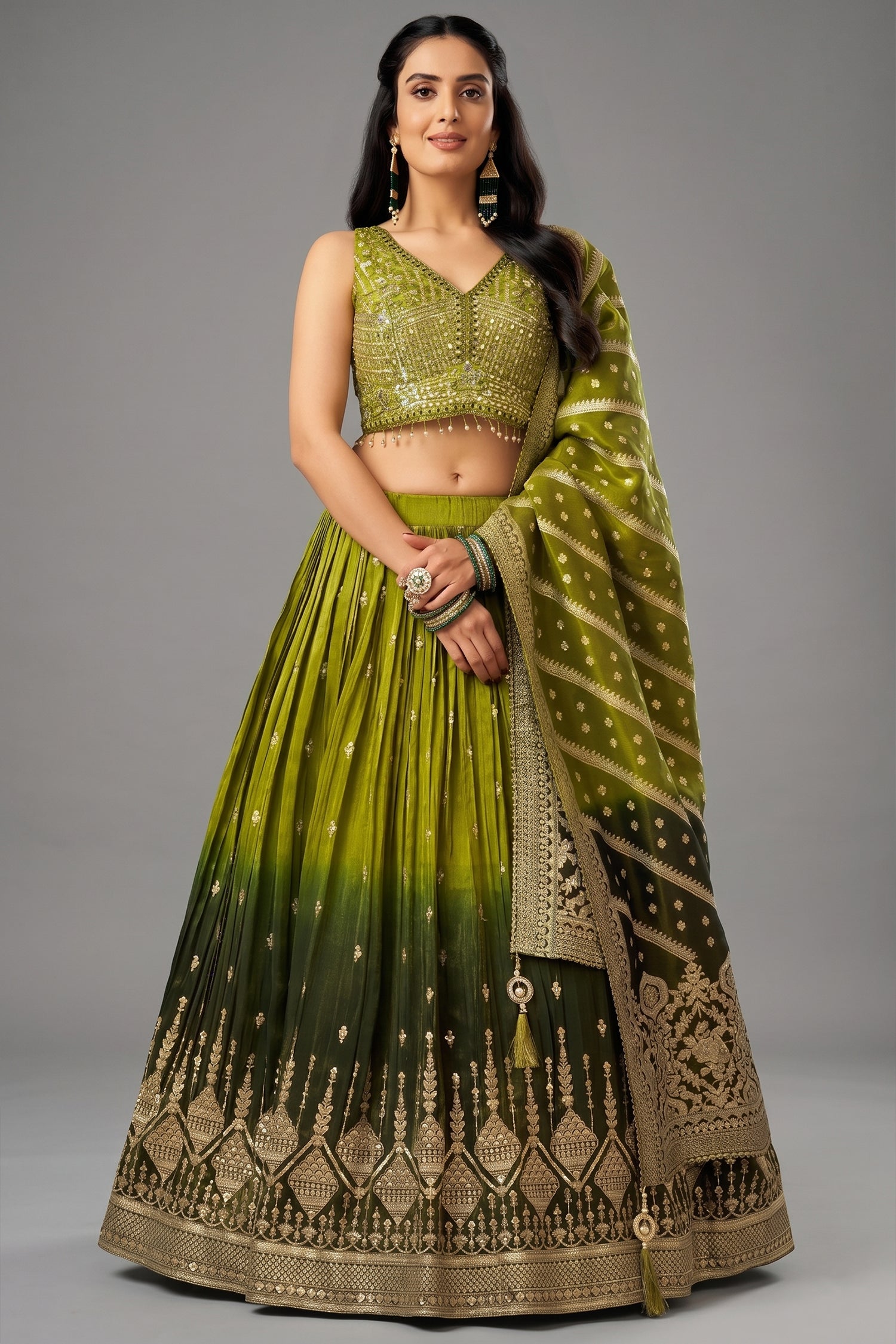 Green Ombre Chinon Sequin Embroidered Pleated Lehenga - red saree embroidered