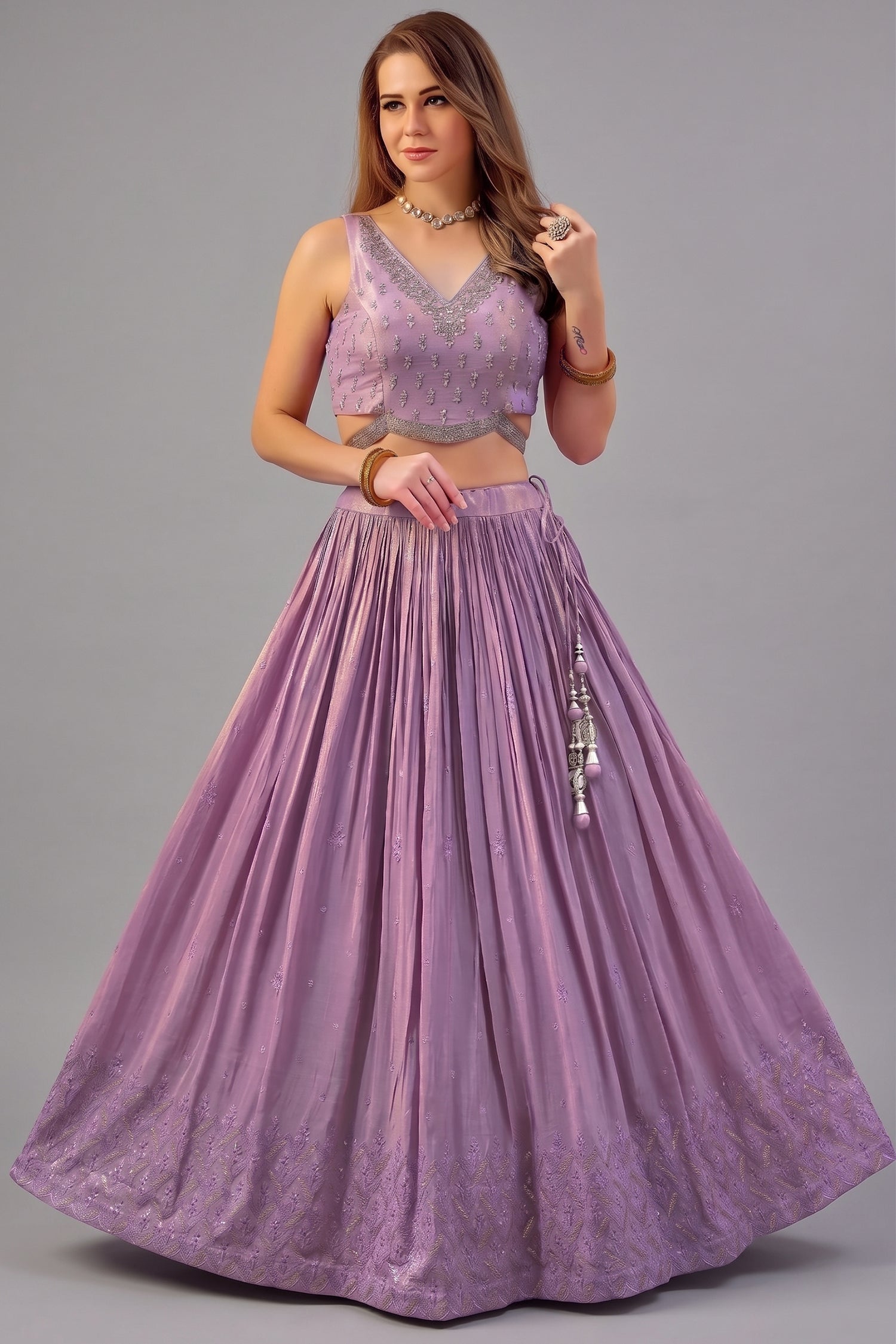Purple Tissue Shimmer Sequin Embroidered Pleated Lehenga - red saree embroidered