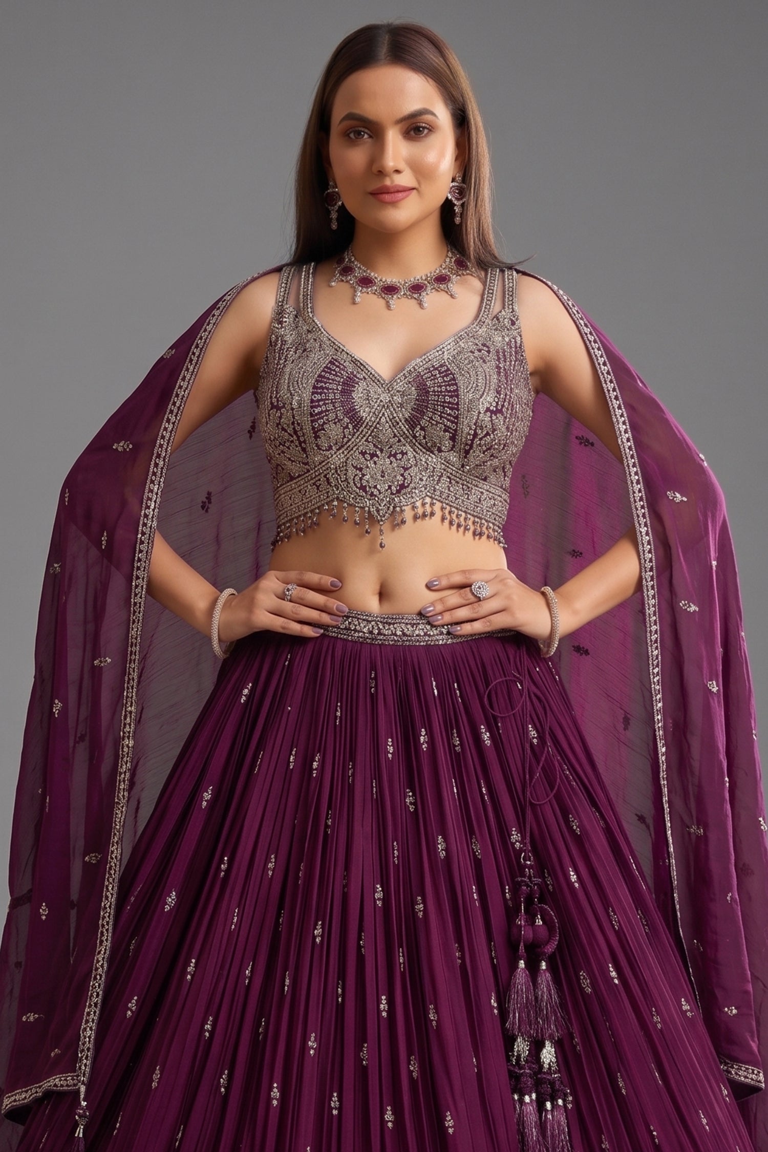 Wine Purple Georgette Sequin Embroidered Pleated Flared Lehenga Secondary image