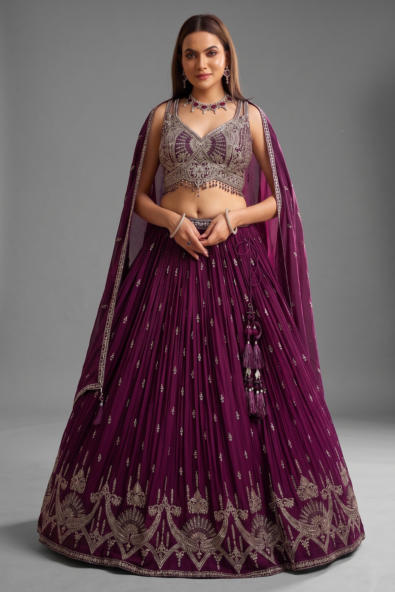 Wine Purple Georgette Sequin Embroidered Pleated Flared Lehenga - red georgette saree embroidered