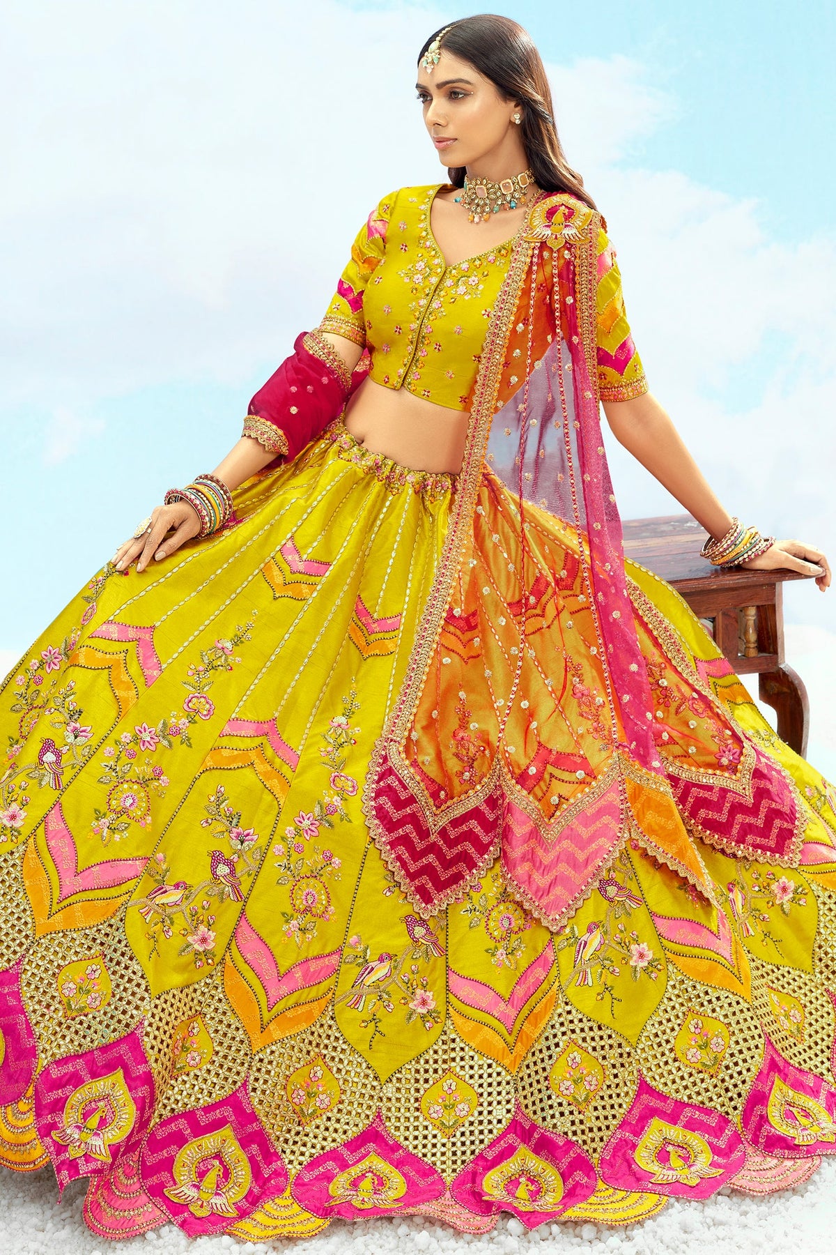 Silk Bird and Floral Motif Lehenga with Cutwork - silk saree