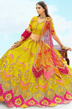 Silk Bird and Floral Motif Lehenga with Cutwork - silk saree