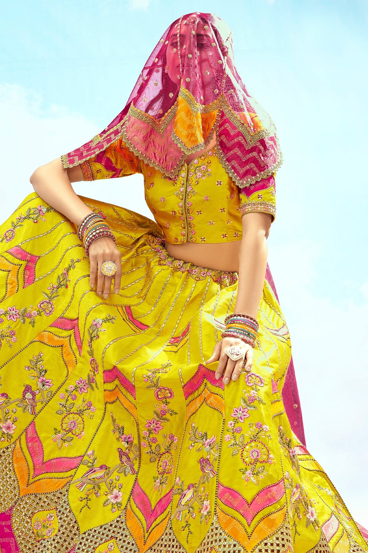Silk Bird and Floral Motif Lehenga with Cutwork - silk saree