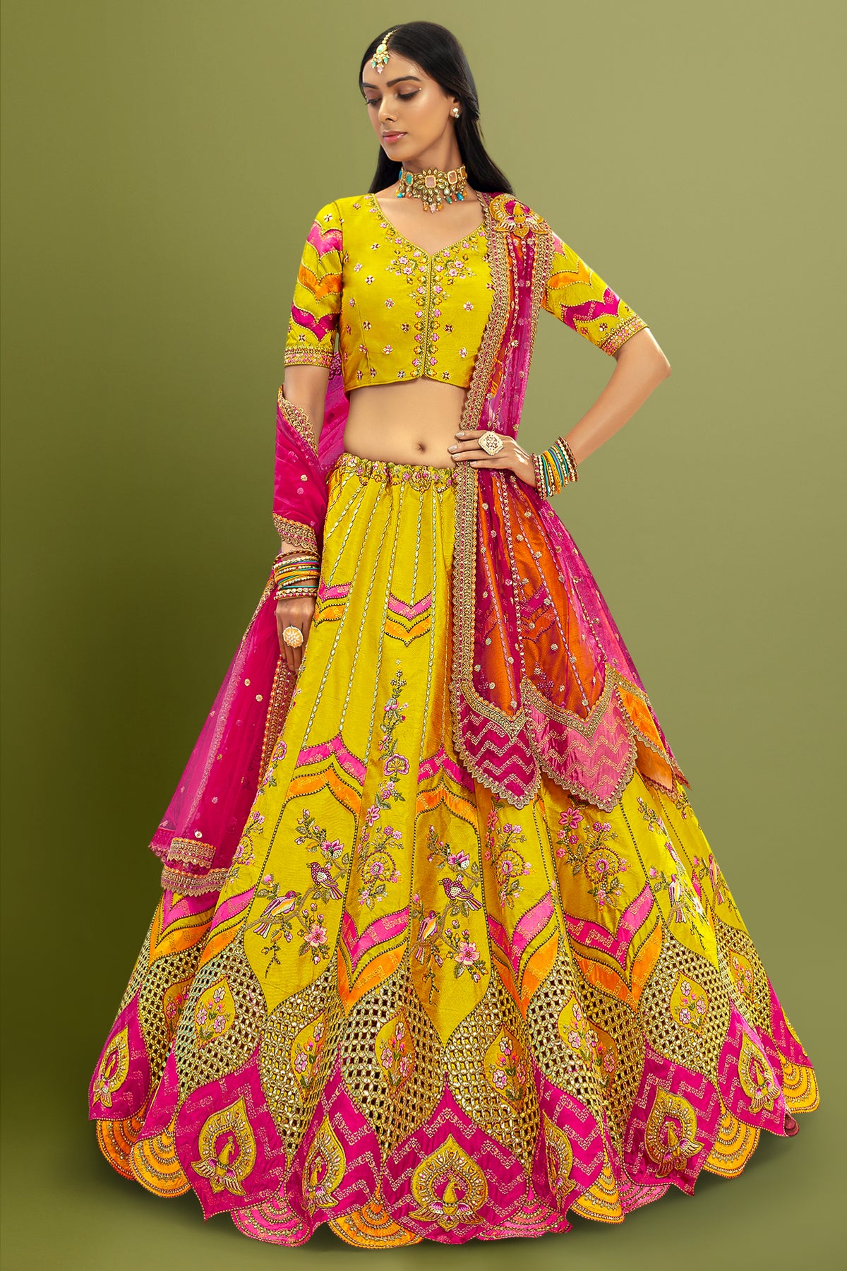 Silk Bird and Floral Motif Lehenga with Cutwork