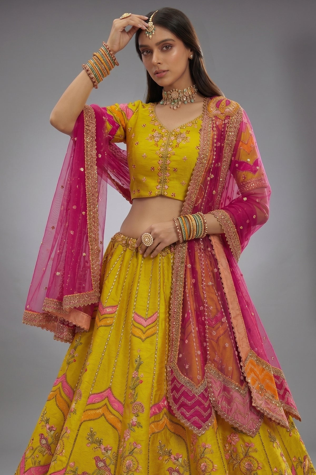 Silk Bird and Floral Motif Lehenga with Cutwork - silk saree