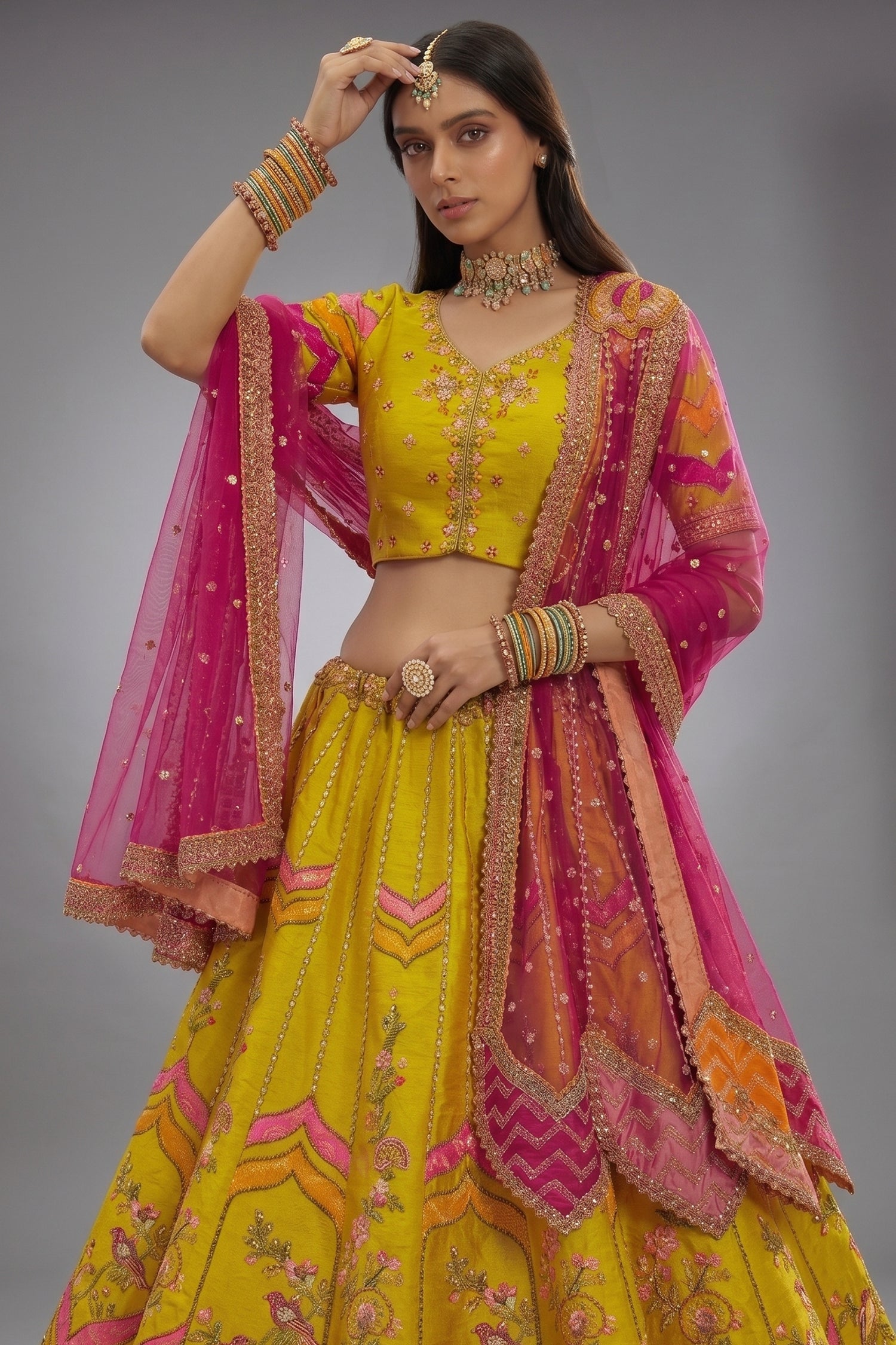 Silk Bird and Floral Motif Lehenga with Cutwork - silk saree