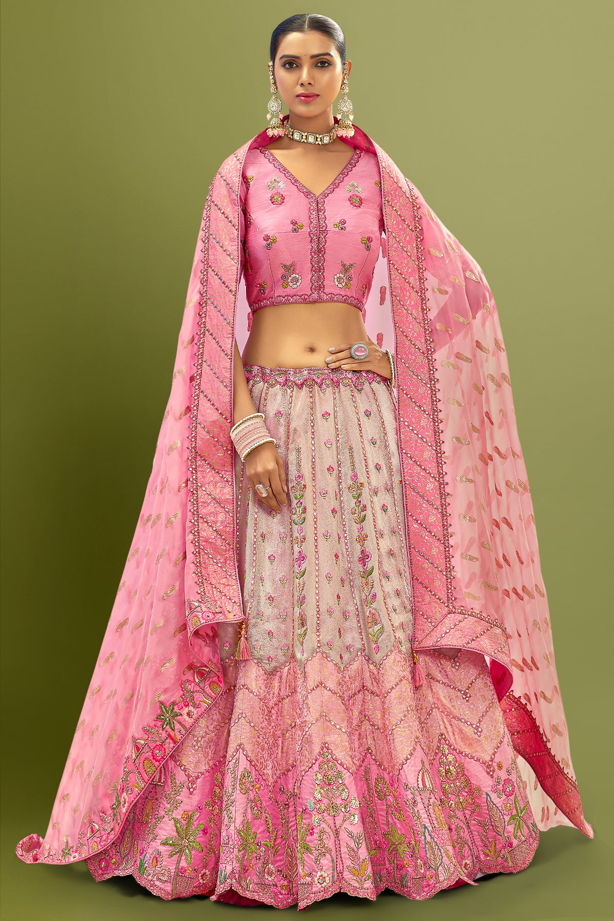 Silk Floral Embroidery and Sequin Worked Lehenga - silk saree embroidery