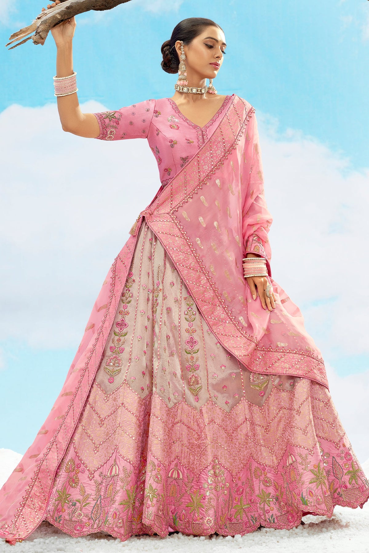 Silk Floral Embroidery and Sequin Worked Lehenga - silk saree embroidery