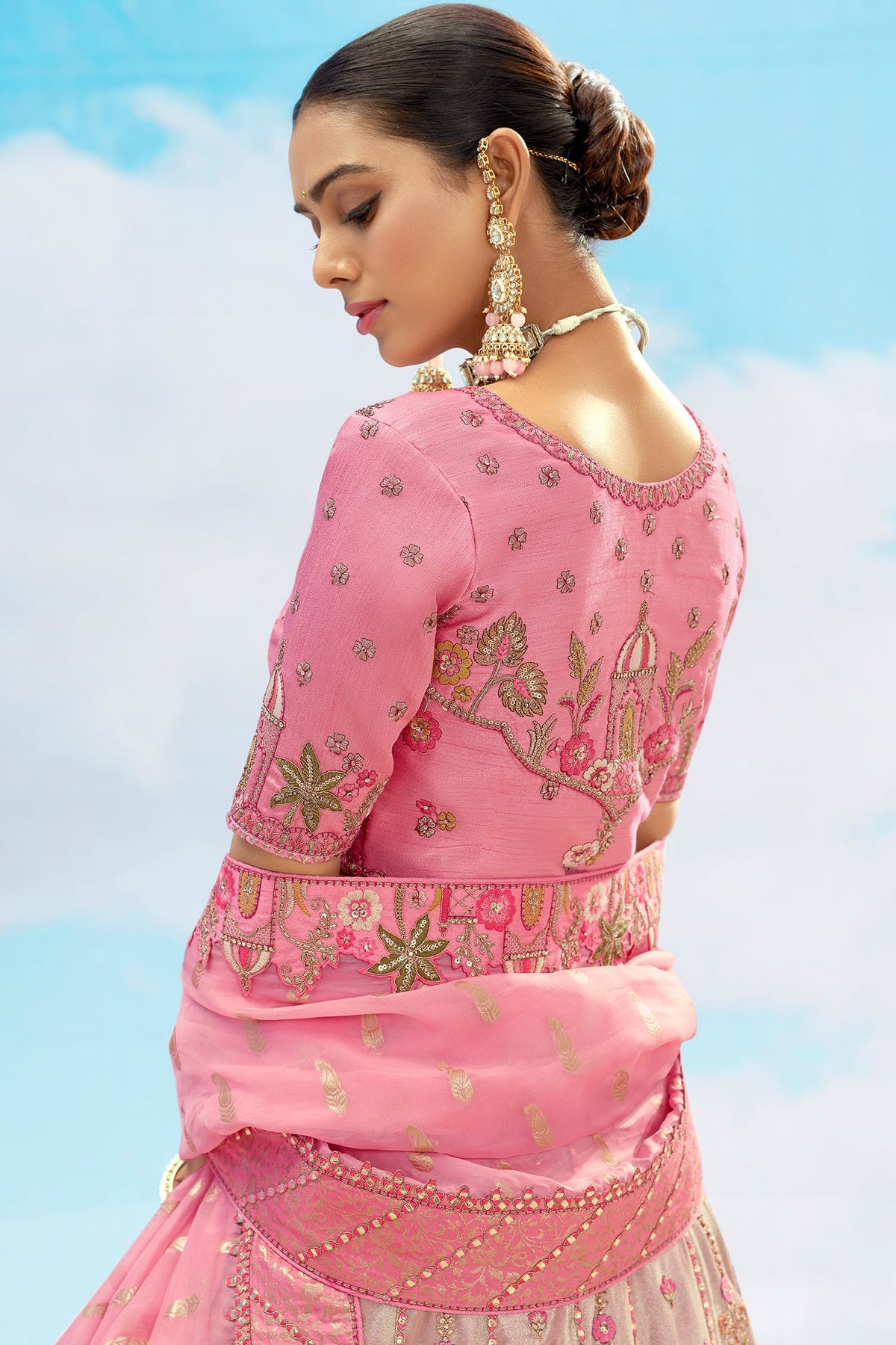 Silk Floral Embroidery and Sequin Worked Lehenga - silk saree embroidery