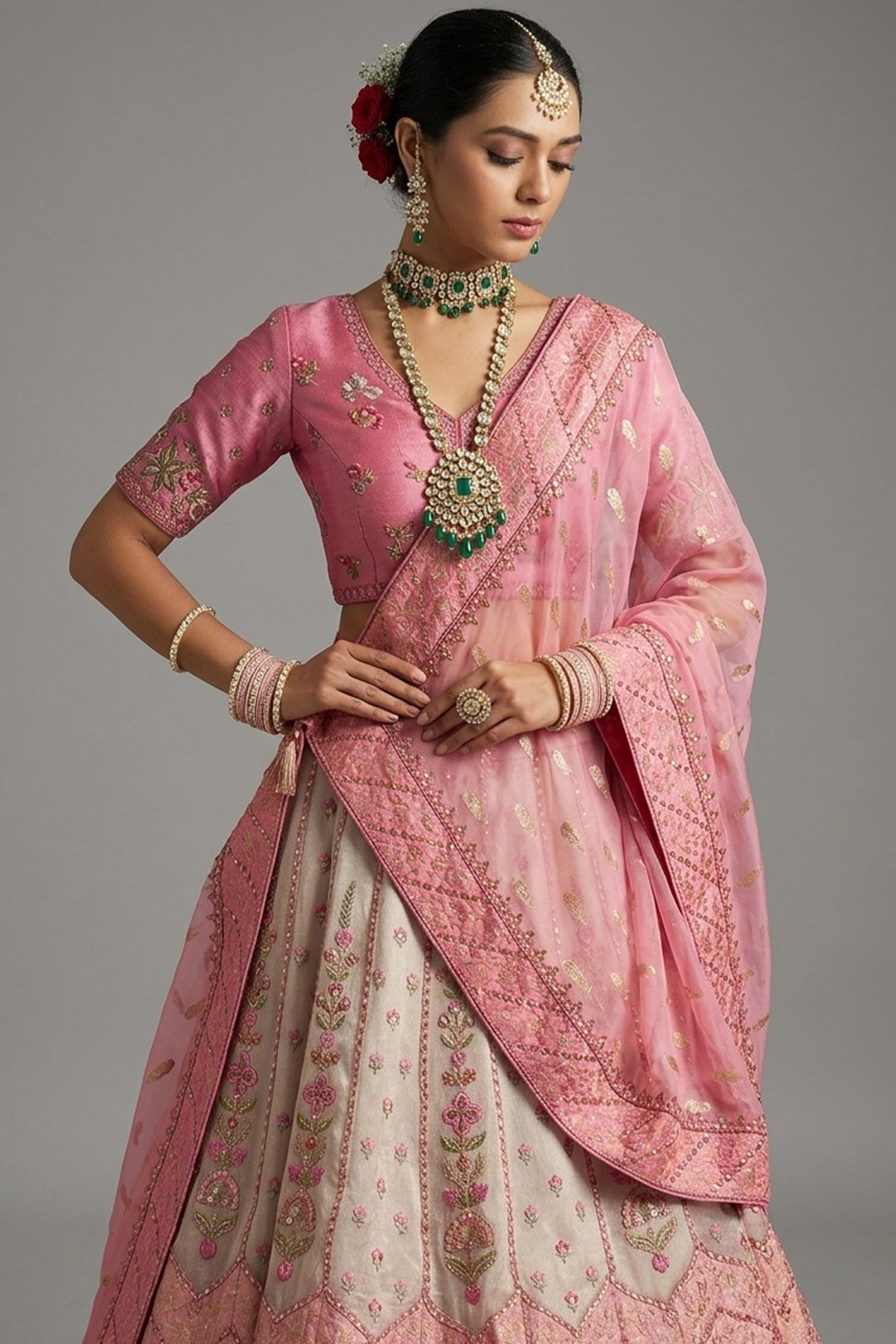 Silk Floral Embroidery and Sequin Worked Lehenga - silk saree embroidery