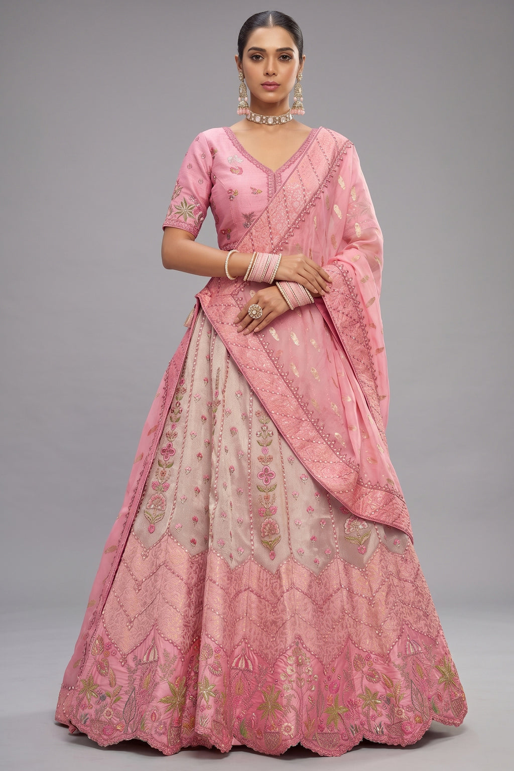 Silk Floral Embroidery and Sequin Worked Lehenga - silk saree embroidery