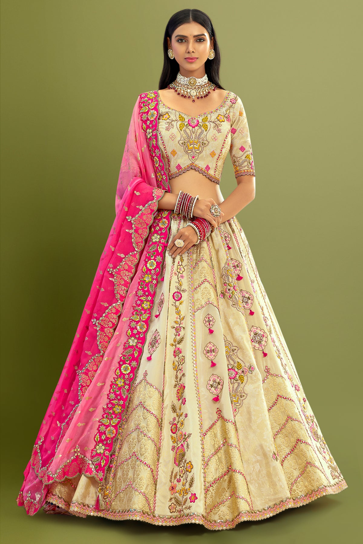 Silk Sequin Embroidered Lehenga - red silk saree embroidered