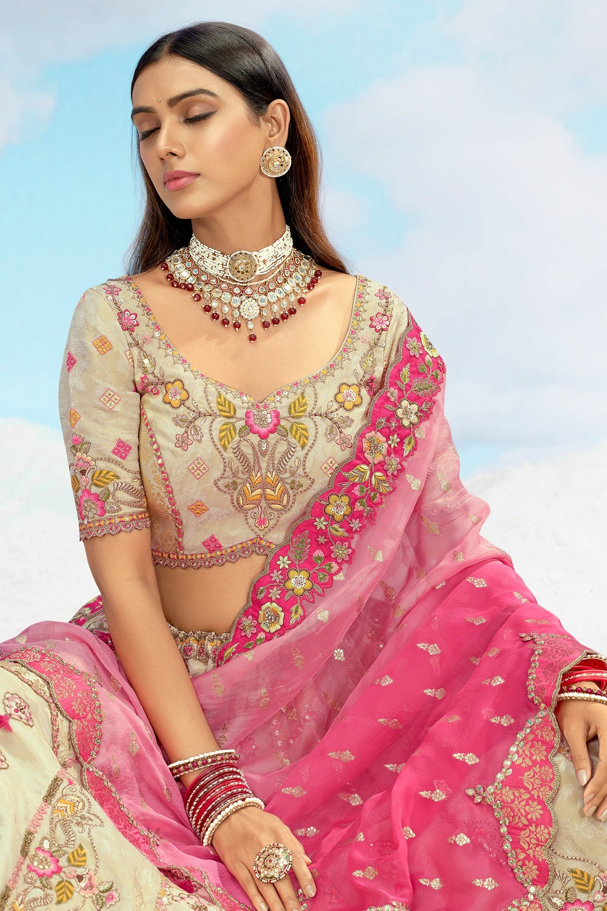 Silk Sequin Embroidered Lehenga - red silk saree embroidered