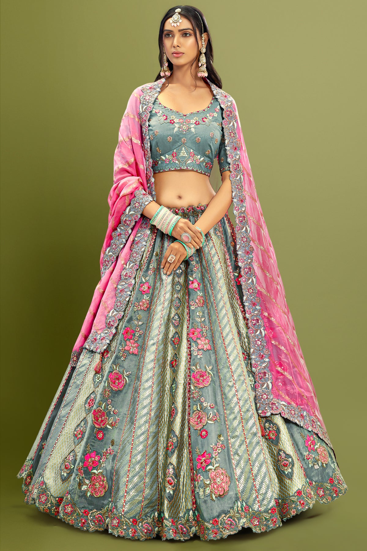 Silk Floral Embroidered and Sequin Worked Lehenga