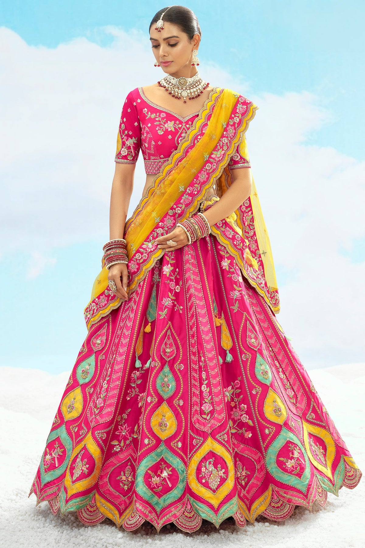 Pink Silk Sequin and Floral Embroidered Lehenga