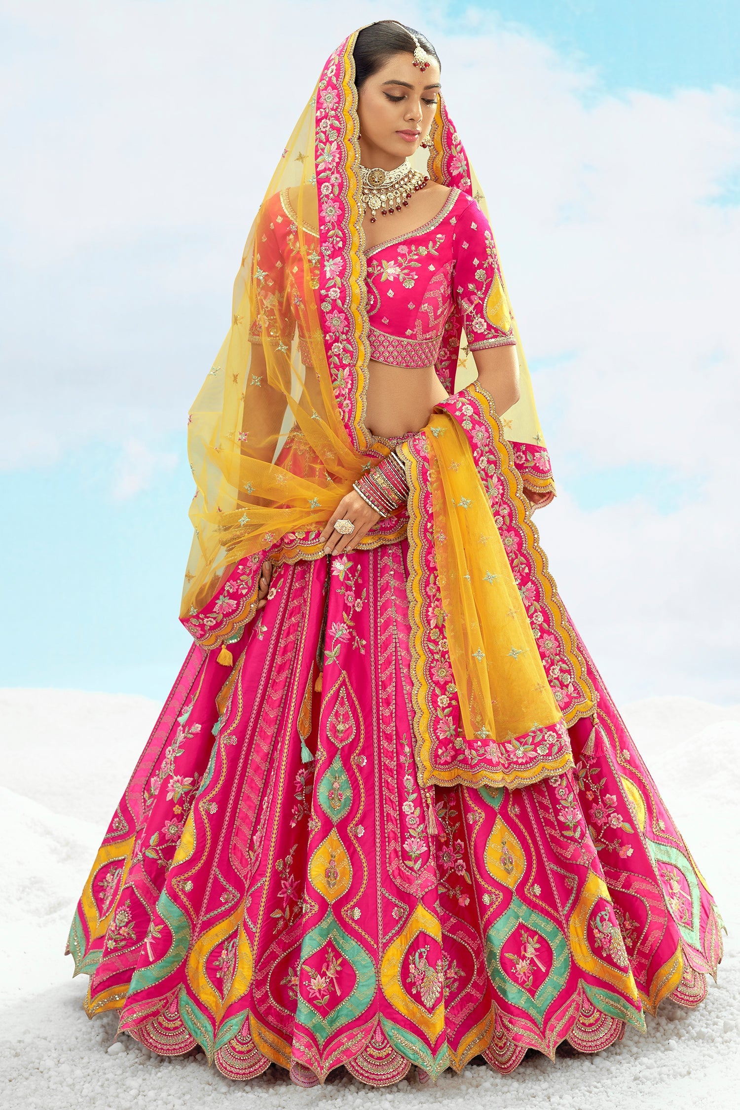 Pink Silk Sequin and Floral Embroidered Lehenga