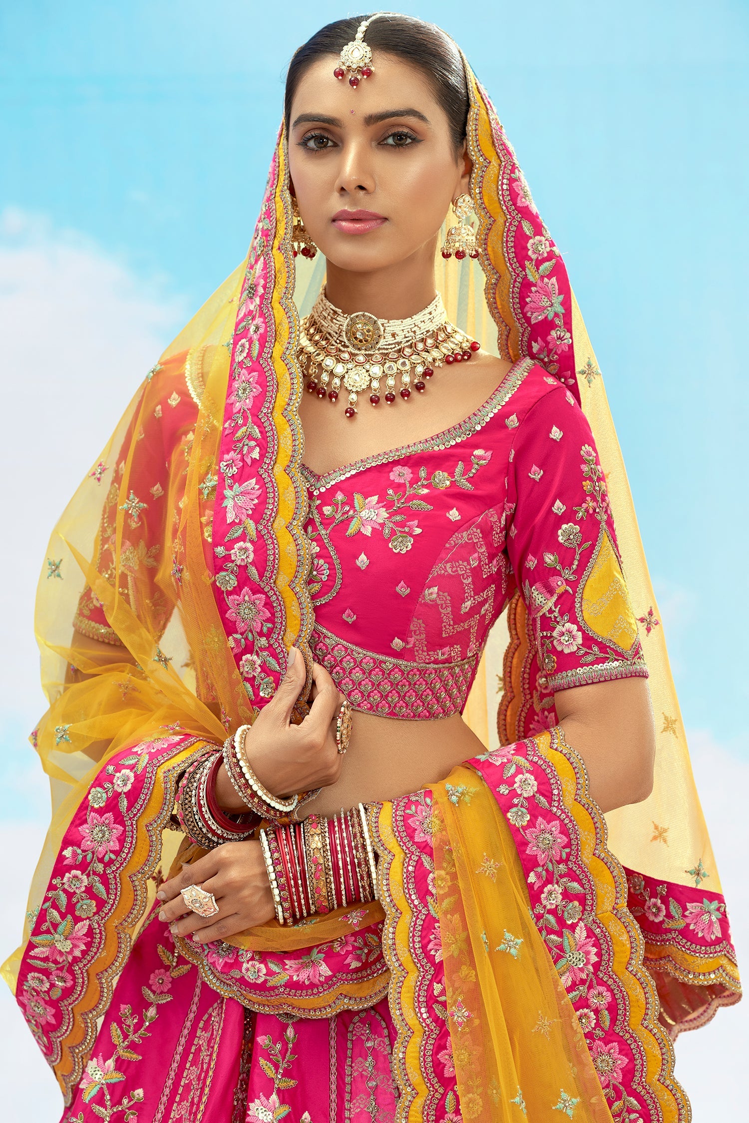 Pink Silk Sequin and Floral Embroidered Lehenga