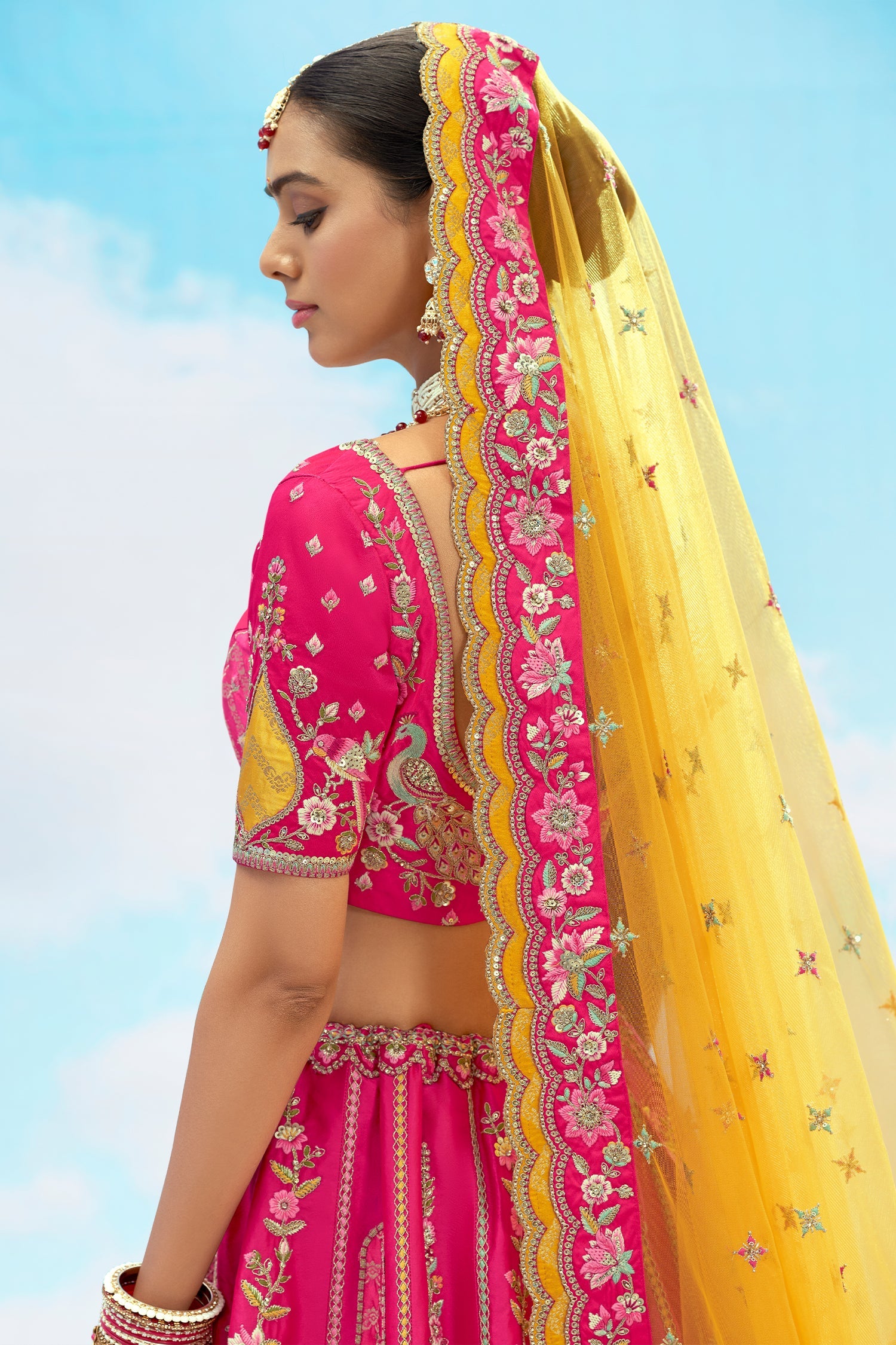 Pink Silk Sequin and Floral Embroidered Lehenga