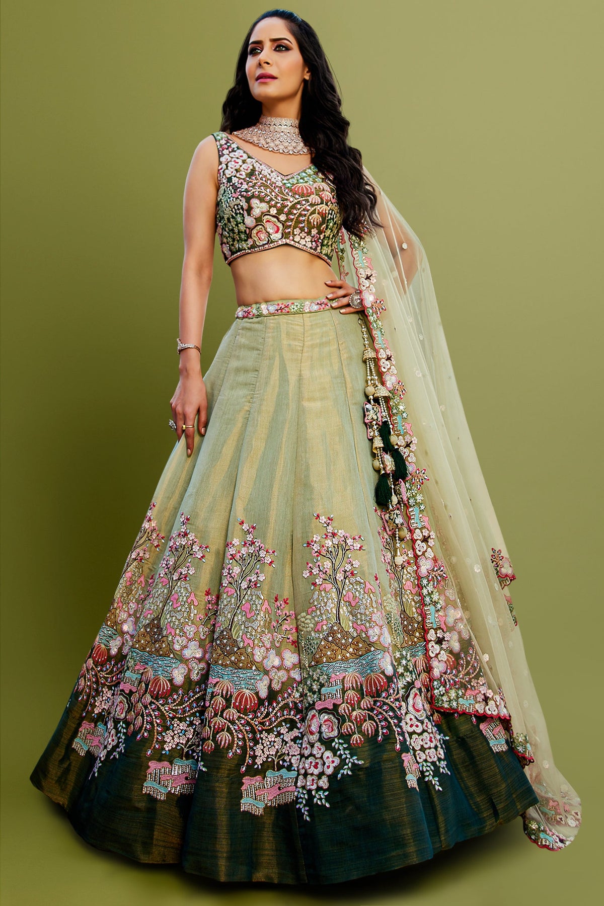 Green Net Designer Floral Embroidery and Sequin Worked Flared Lehenga - red net saree embroidery