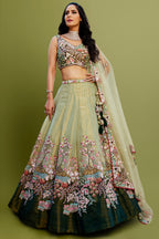 Green Net Designer Floral Embroidery and Sequin Worked Flared Lehenga - red net saree embroidery