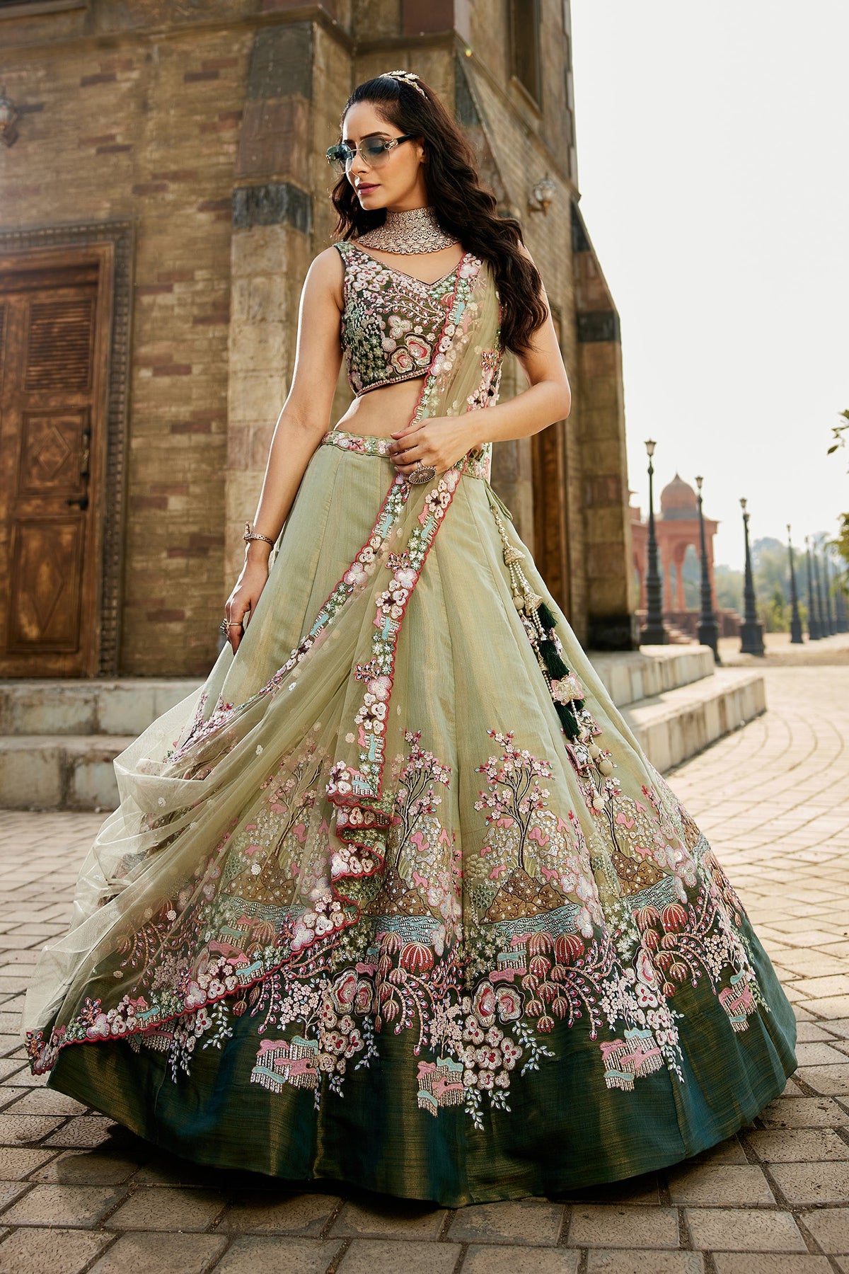 Green Net Designer Floral Embroidery and Sequin Worked Flared Lehenga - red net saree embroidery