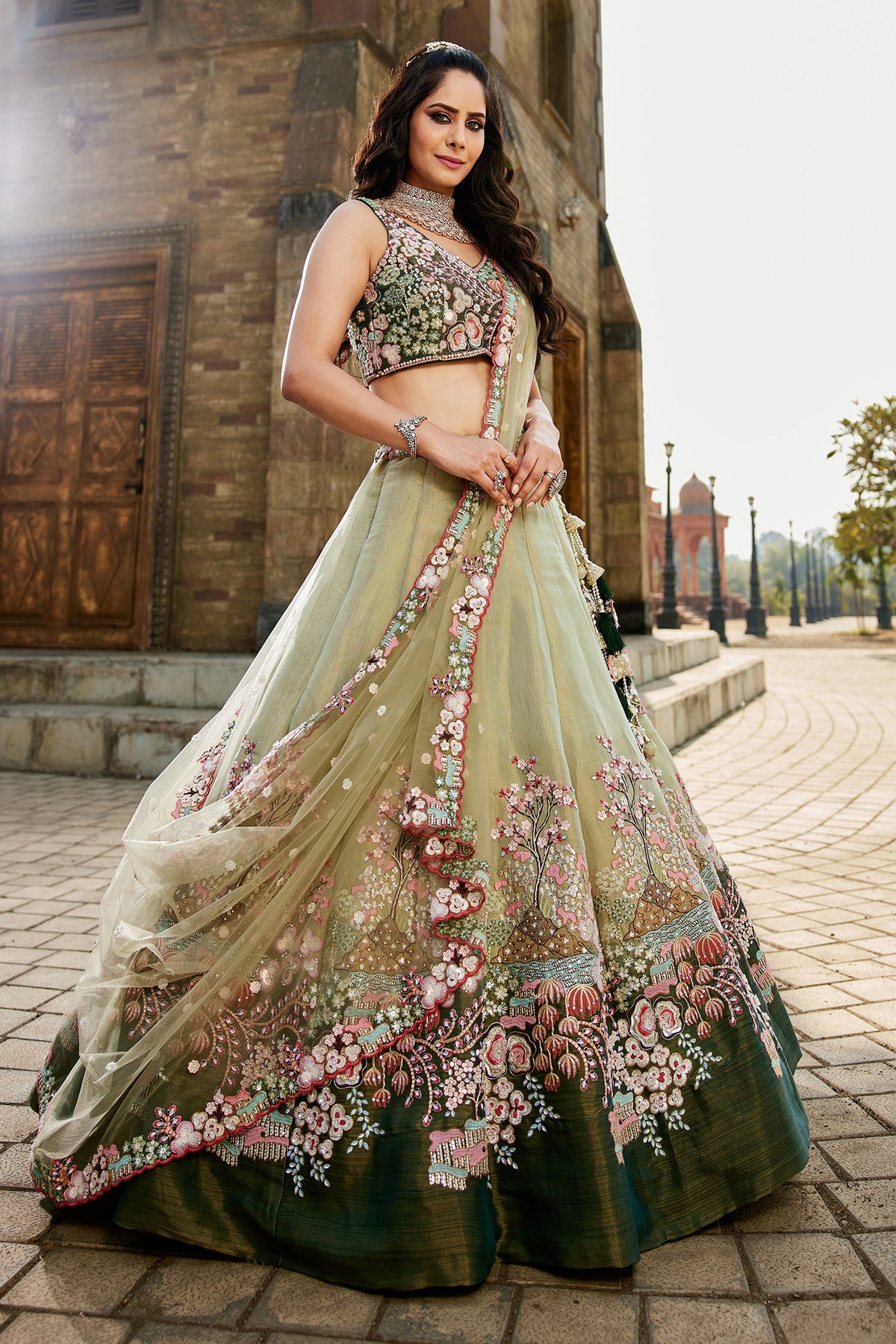 Green Net Designer Floral Embroidery and Sequin Worked Flared Lehenga - red net saree embroidery