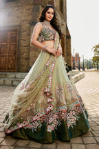 Green Net Designer Floral Embroidery and Sequin Worked Flared Lehenga - red net saree embroidery
