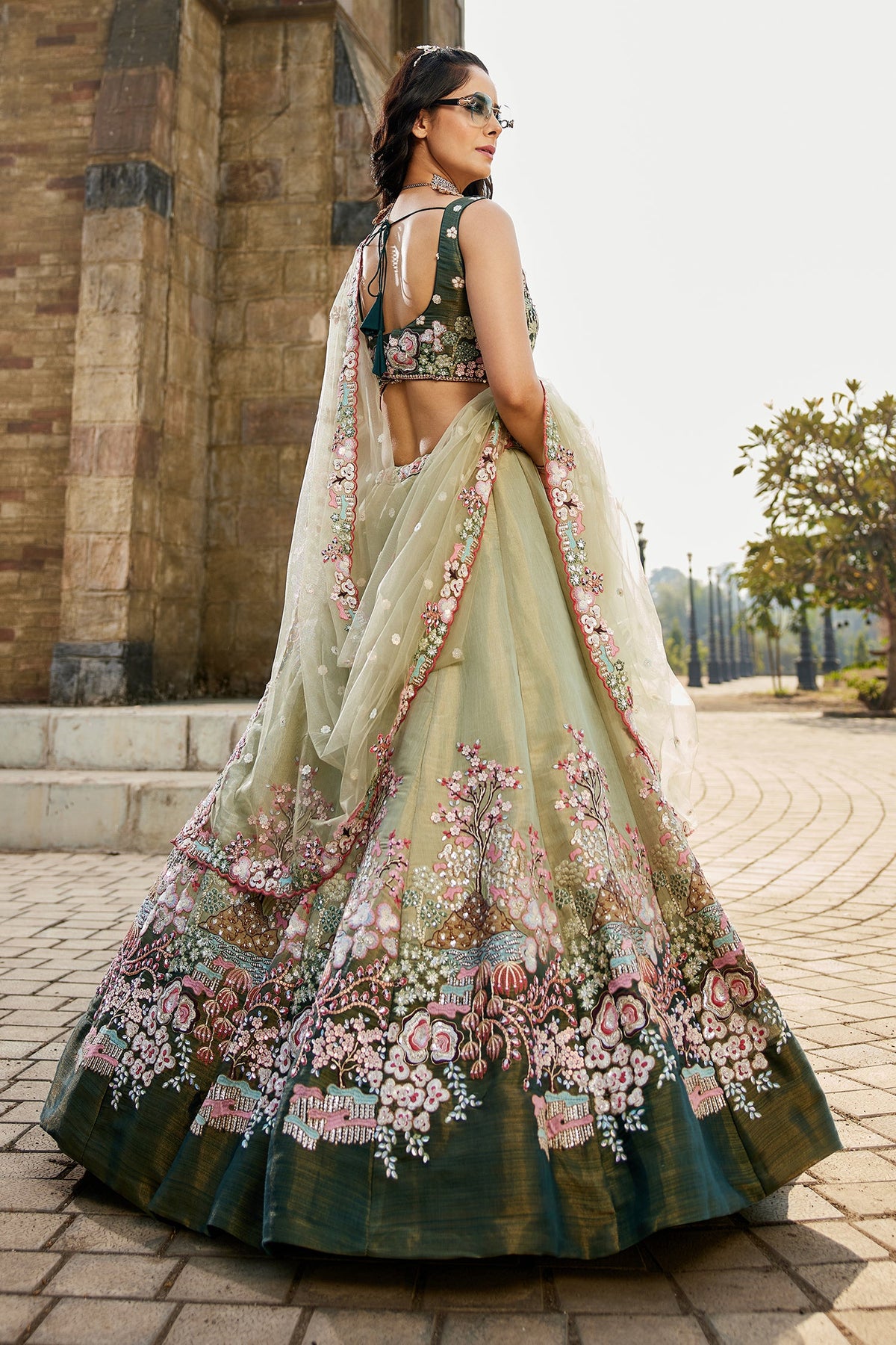 Green Net Designer Floral Embroidery and Sequin Worked Flared Lehenga - red net saree embroidery